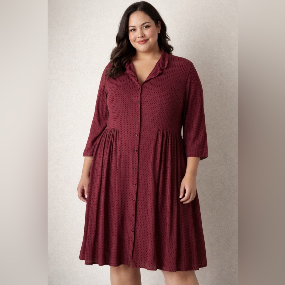 Jones Wear Burgundy Polka Dot Button Front Midi Shirt Dress Plus 16